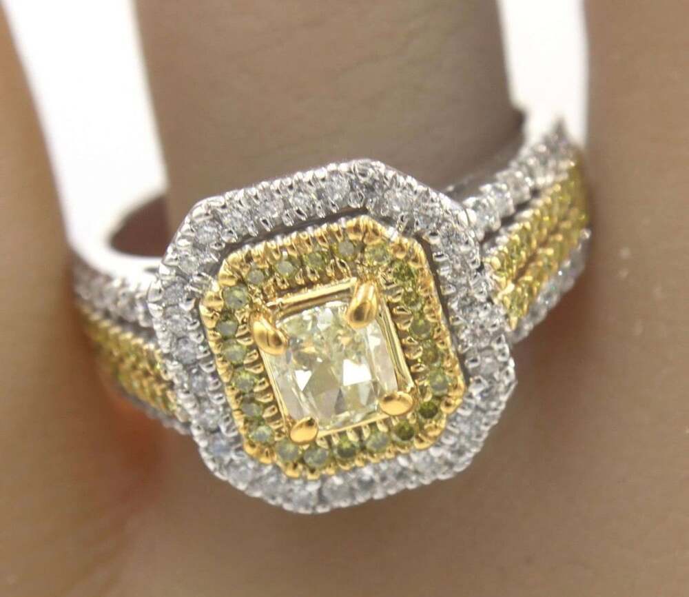 18kt White and Yellow Gold 0.70ct Cushion Brilliant Light Yellow Diamond Engagem